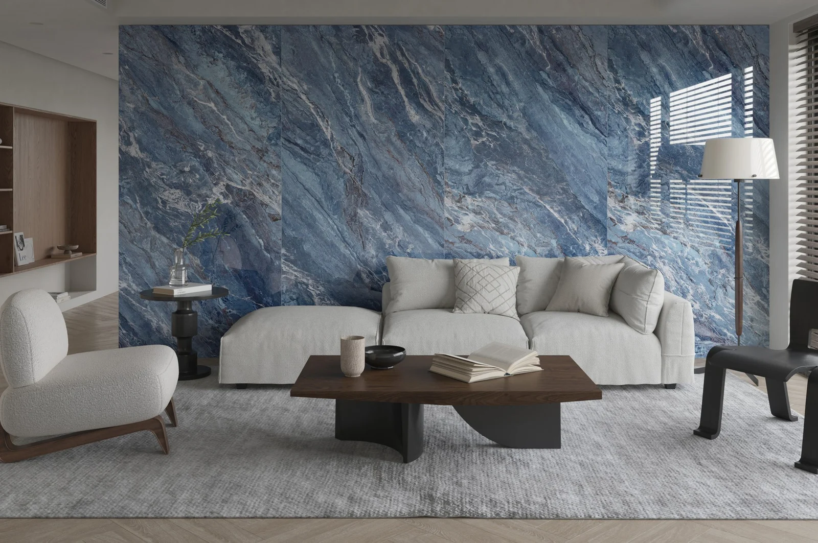 Large stone-look wall panels behind a sofa in a residential interior.